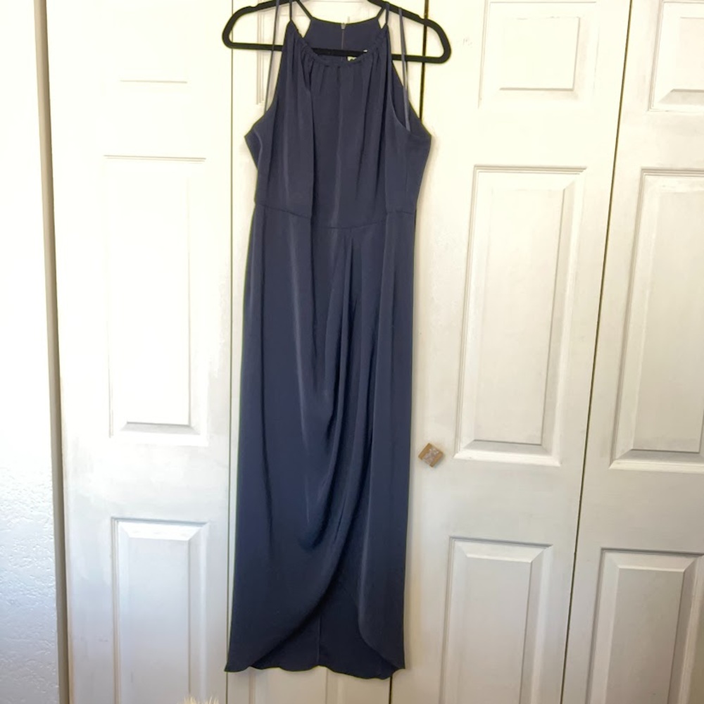 Shona Joy Draped Halter Tulip Dress Navy US Women's Sz 10 Ruched Midi Wedding